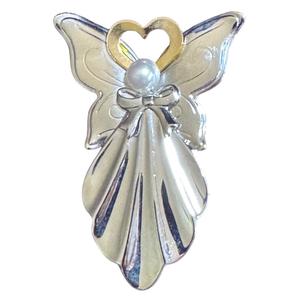 Jane AOL (Angel of Love) Brooch Pin Signed 1994 Two Tone Metal Faux Pearl VTG